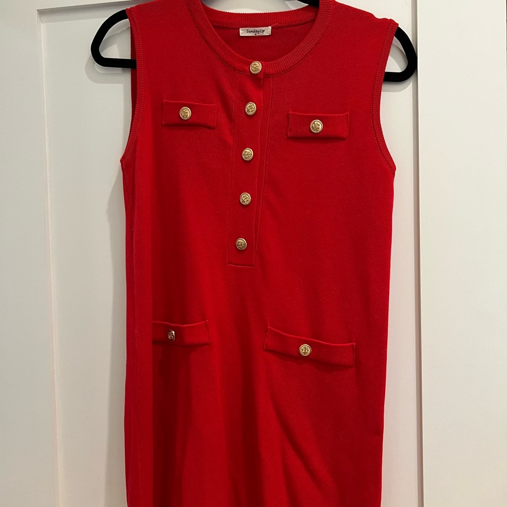 Red Sleeveless Dress with Gold Buttons